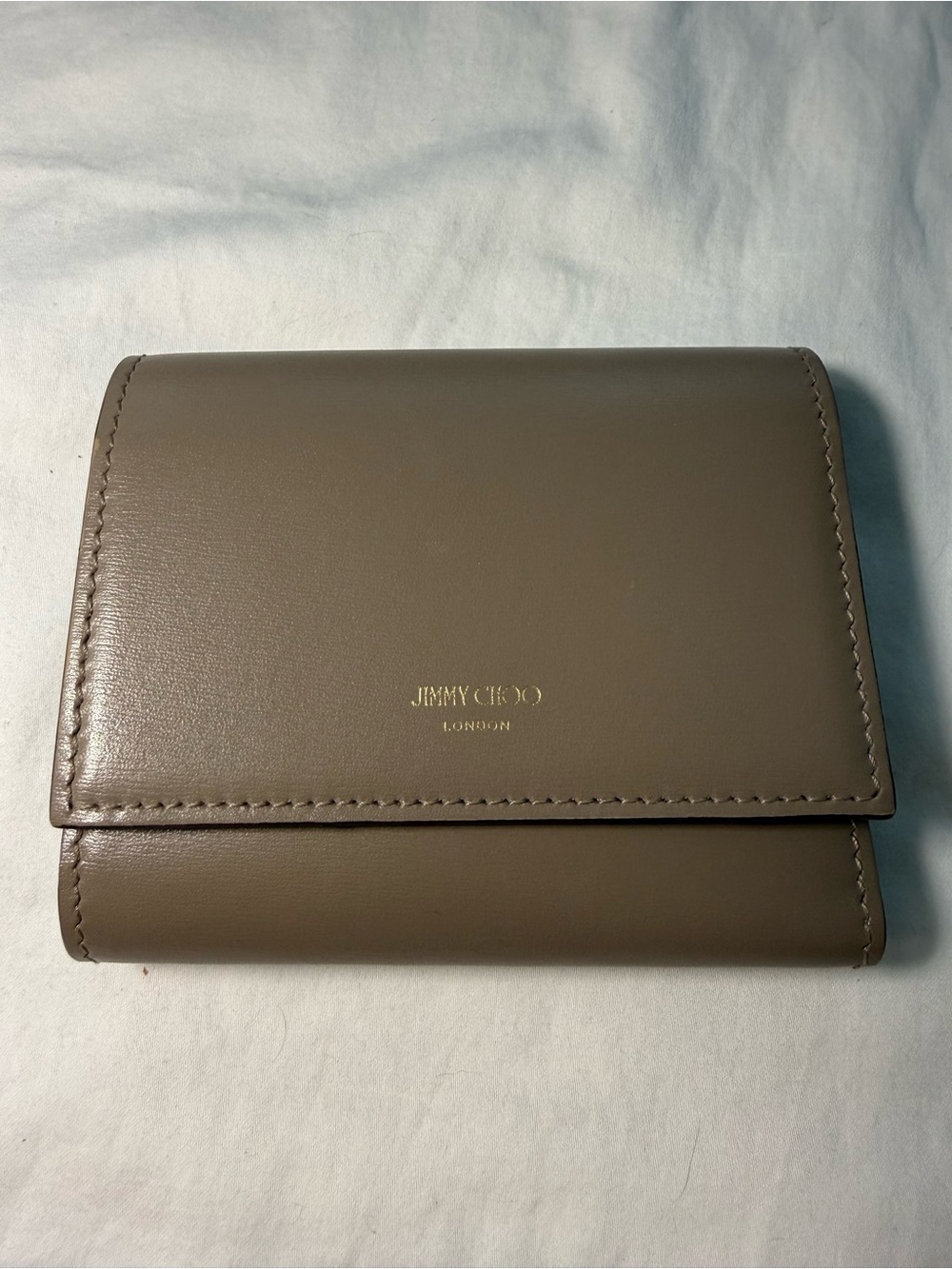 Jimmy Choo Taupe Leather Compact Wallet with Gold Logo